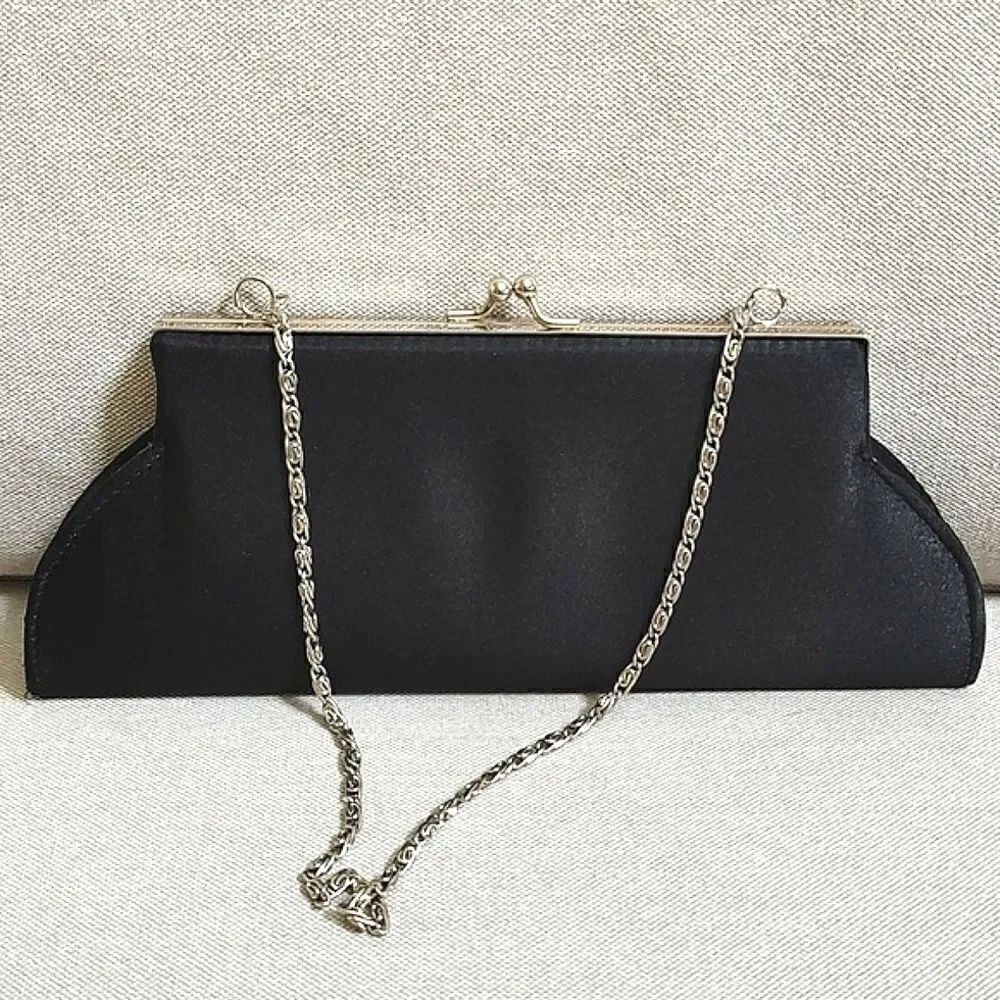 Sasha Black Satin Special Occasion Shoulder Bag Silver Woven Metal Strap